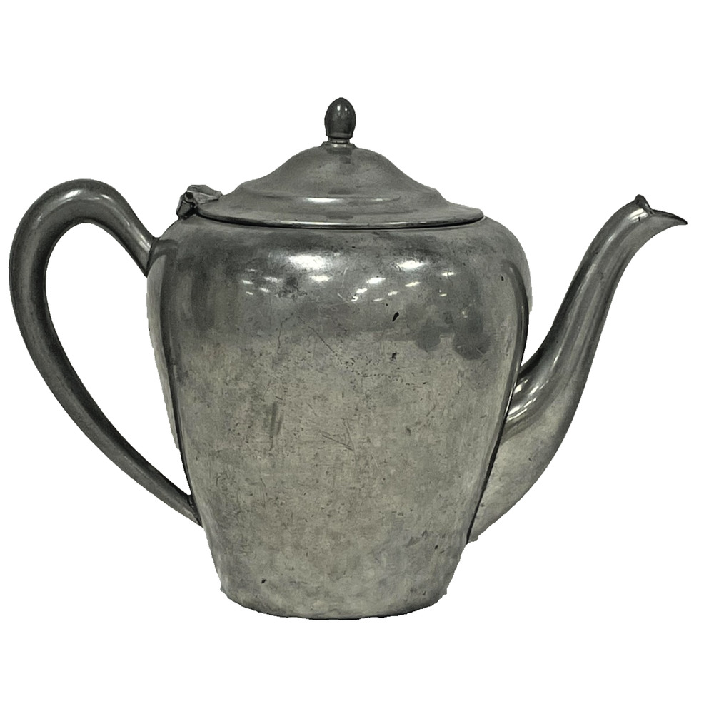 Vintage Colonial Pewter Tea Pot Hinged Lid Swan Neck Spout Acorn Finial Teapot